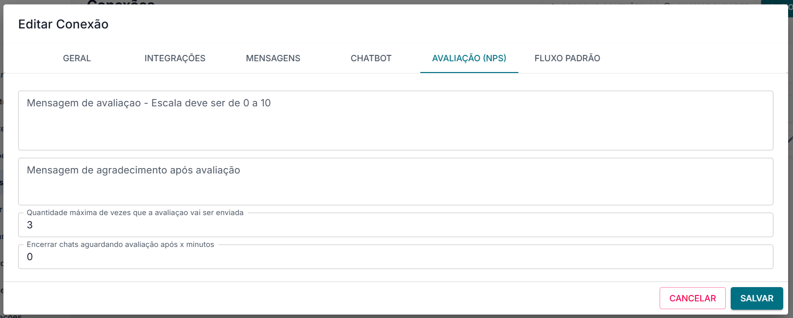 Configuração da avaliação NPS