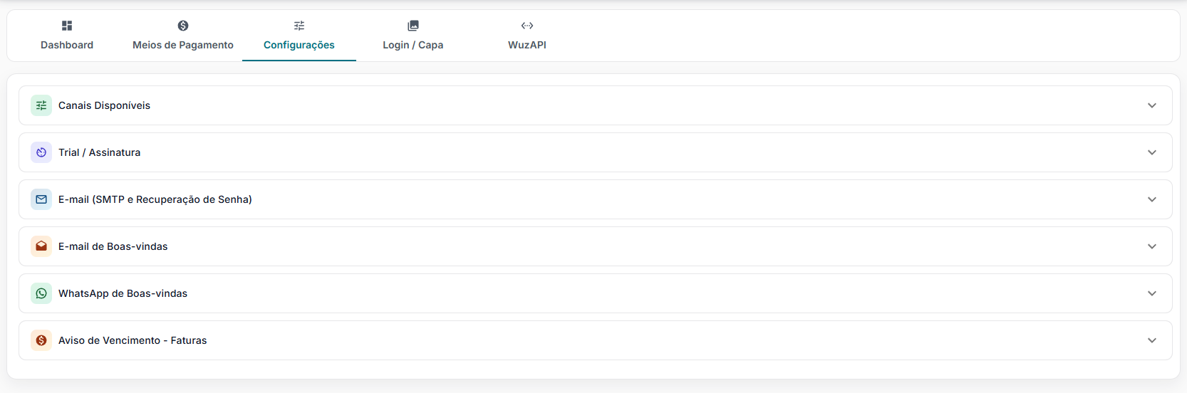 Configurações Painel SaaS