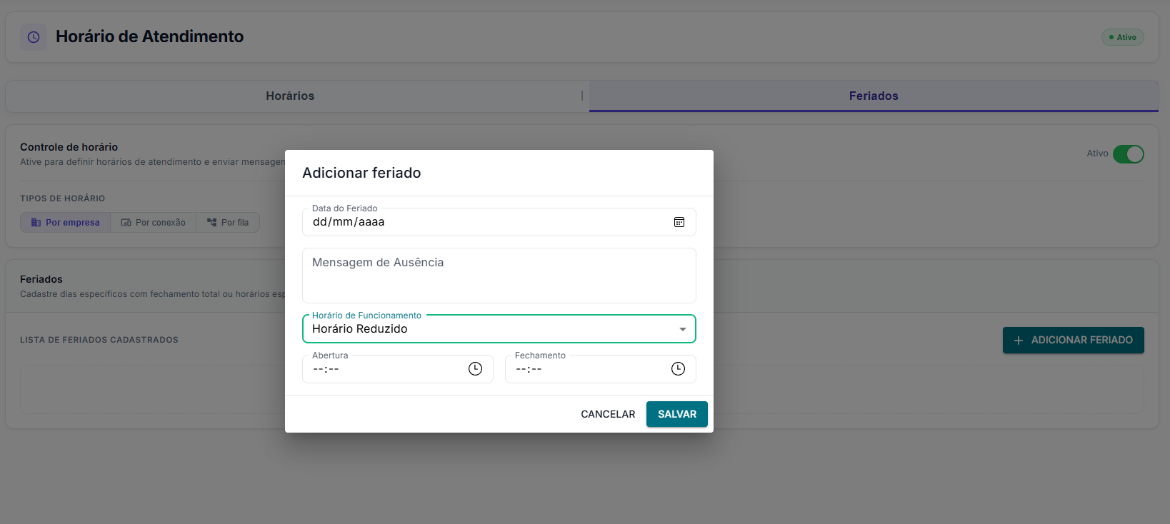 Configuração de feriados no horário de atendimento