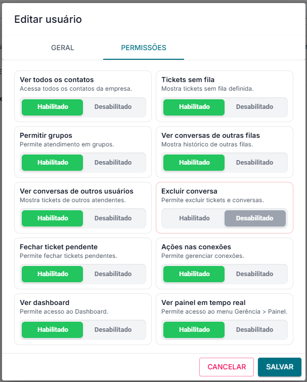 Permissões do usuário