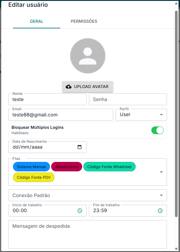 Configurações gerais do usuário